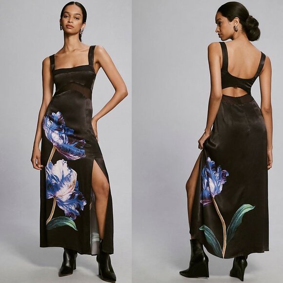 By Anthropologie Sleeveless Floral Slim Maxi Dress SIZE 14 NEW black nwt - Picture 1 of 8